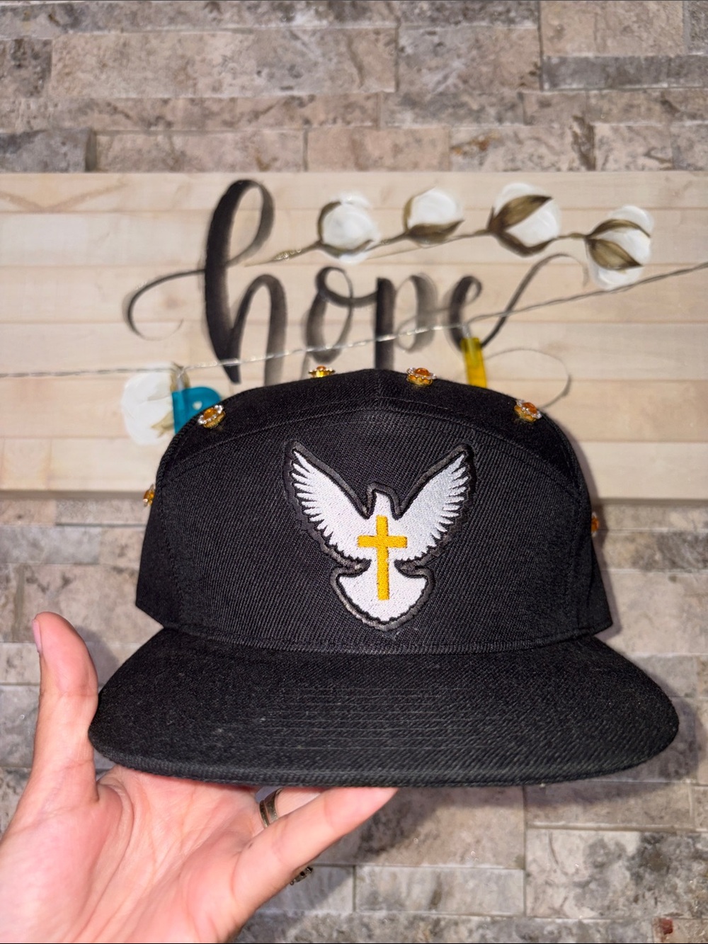 Christian ✝️ Black Dove 🕊️ Patch Snapback Cap with Gold Cross Accent
